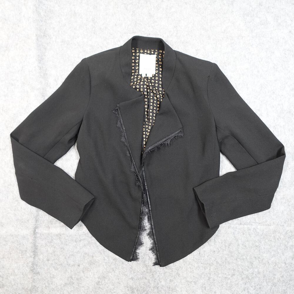 Anthropologie Blazer Womens Small Elevenses Lace Trim Open Front Waterfall Black